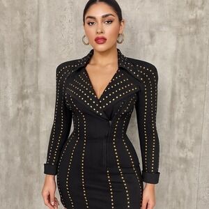 Lillie Rubin Black Gold Studded Bodycon Moto Jacket Dress Vintage 80s 90s